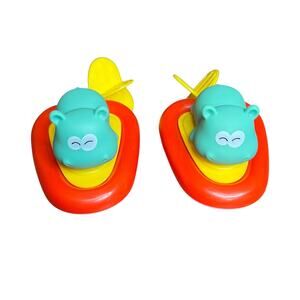 Set of 2 Vintage Hippo Pull String Floating Bath Toys Red Teal Yellow Water Play